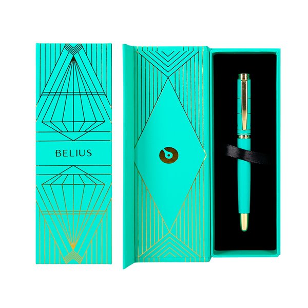 Pluma Belius Soiree Aluminio Color Art Deco Turquesa Y Dorado Tinta Azul Caja De Diseño