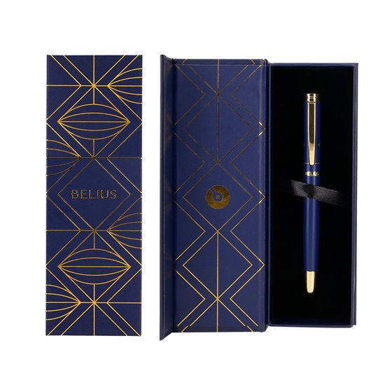 Pluma Belius Soiree Aluminio Color Art Deco Azul Marino Y Dorado Tinta Azul Caja De Diseño