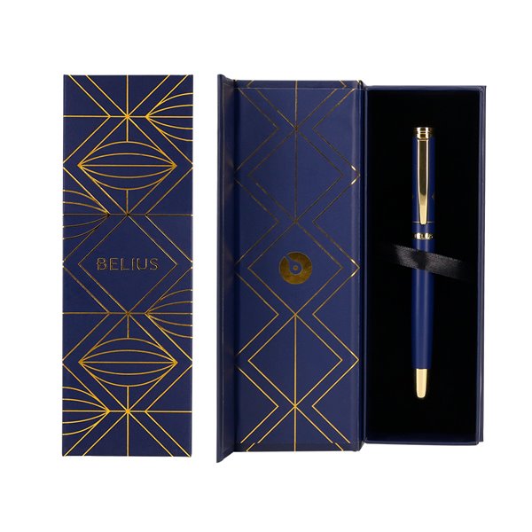 Pluma Belius Soiree Aluminio Color Art Deco Azul Marino Y Dorado Tinta Azul Caja De Diseño