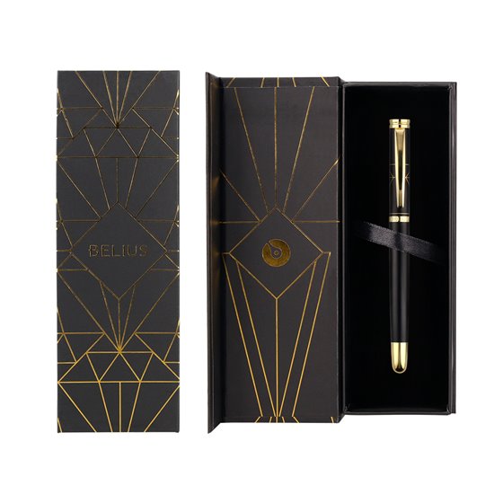 Pluma Belius Soiree Aluminio Color Art Deco Negro Y Dorado Tinta Azul Caja De Diseño