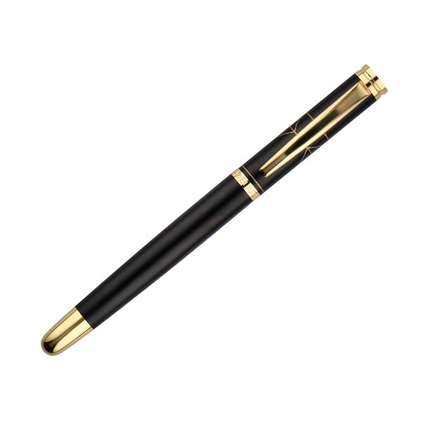 Pluma Belius Soiree Aluminio Color Art Deco Negro Y Dorado Tinta Azul Caja De Diseño