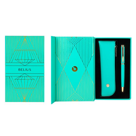 Pluma Y Estuche Belius Soiree Color Art Deco Turquesa Dorado Tinta Azul Caja De Diseño