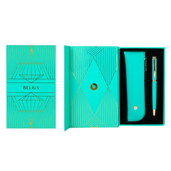 Pluma Y Estuche Belius Soiree Color Art Deco Turquesa Dorado Tinta Azul Caja De Diseño