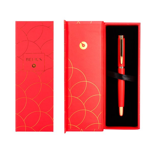 Pluma Belius Passion Dor Aluminio Textura Cepillada Color Rojo Y Dorado Tinta Azul Caja De Diseño