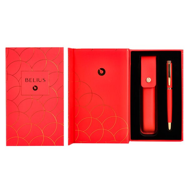 Pluma Y Estuche Cuero Belius Passion Dor Aluminio Textura Cepillada Color Rojo Y Dorado Tinta Azul Caja De Diseño