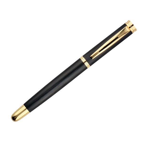 Pluma Y Estuche Cuero Belius Passion Dor Aluminio Textura Cepillada Color Negro Y Dorado Tinta Azul Caja Diseño