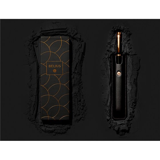 Pluma Y Estuche Cuero Belius Passion Dor Aluminio Textura Cepillada Color Negro Y Dorado Tinta Azul Caja Diseño