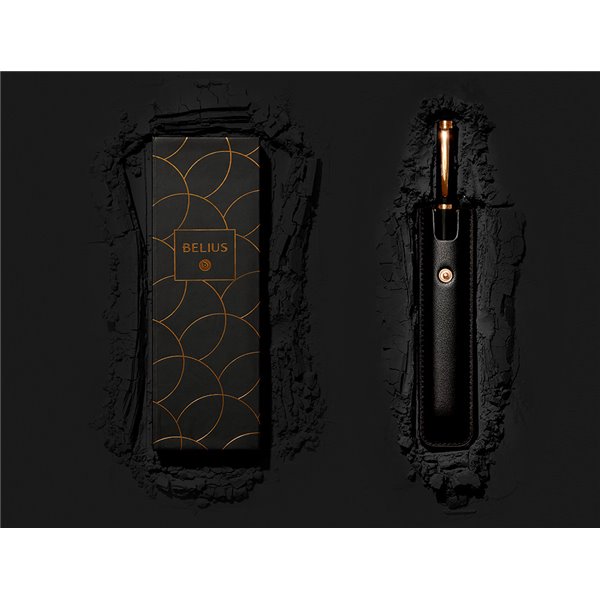 Pluma Y Estuche Cuero Belius Passion Dor Aluminio Textura Cepillada Color Negro Y Dorado Tinta Azul Caja Diseño