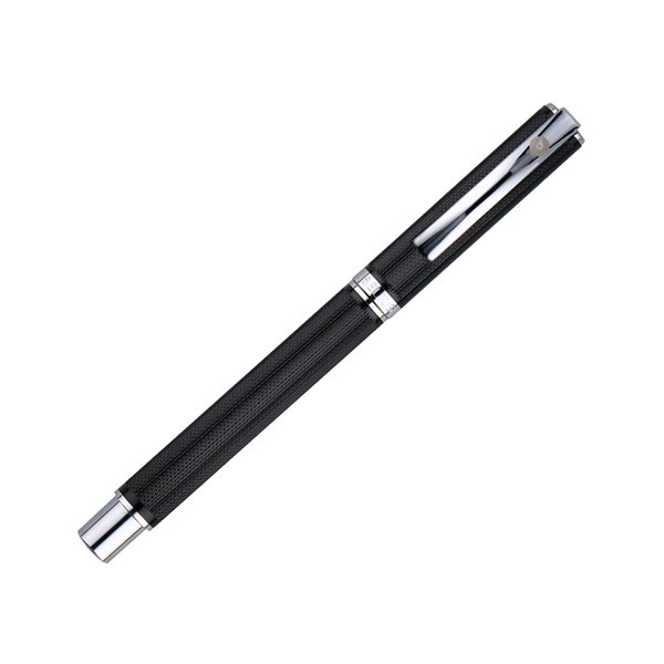 Pluma Y Estuche Belius Turbo Aluminio Textura Punteada Color Negro Y Plateado Tinta Azul Caja De Diseño