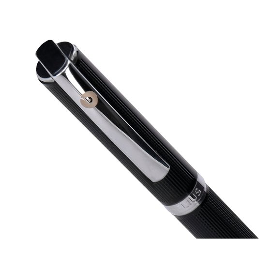 Pluma Y Estuche Belius Turbo Aluminio Textura Punteada Color Negro Y Plateado Tinta Azul Caja De Diseño