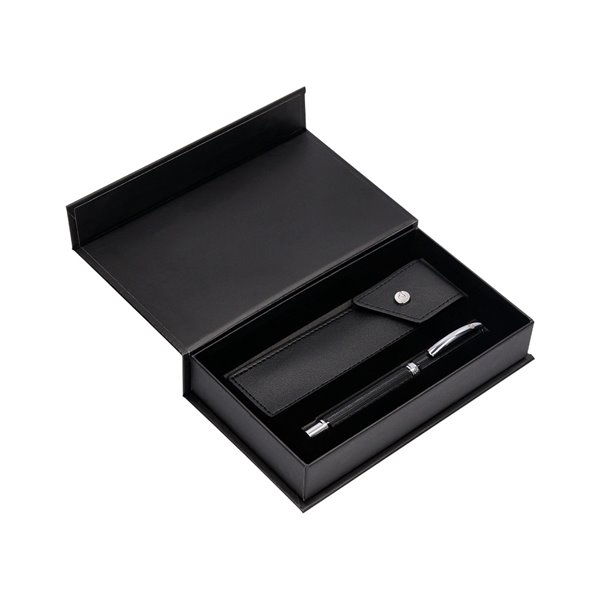 Pluma Y Estuche Belius Turbo Aluminio Textura Punteada Color Negro Y Plateado Tinta Azul Caja De Diseño