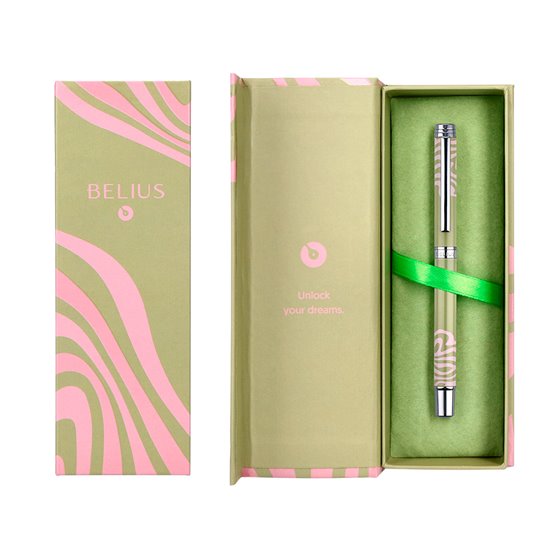 Roller Belius Ink Dreams Aluminio Color Verde Matcha Y Rosa Plateado Frase Interior Tinta Negra Caja De Diseño