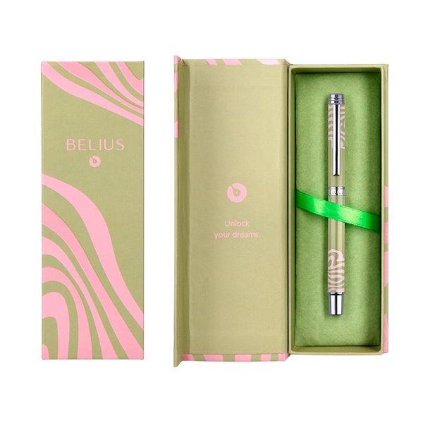 Roller Belius Ink Dreams Aluminio Color Verde Matcha Y Rosa Plateado Frase Interior Tinta Negra Caja De Diseño