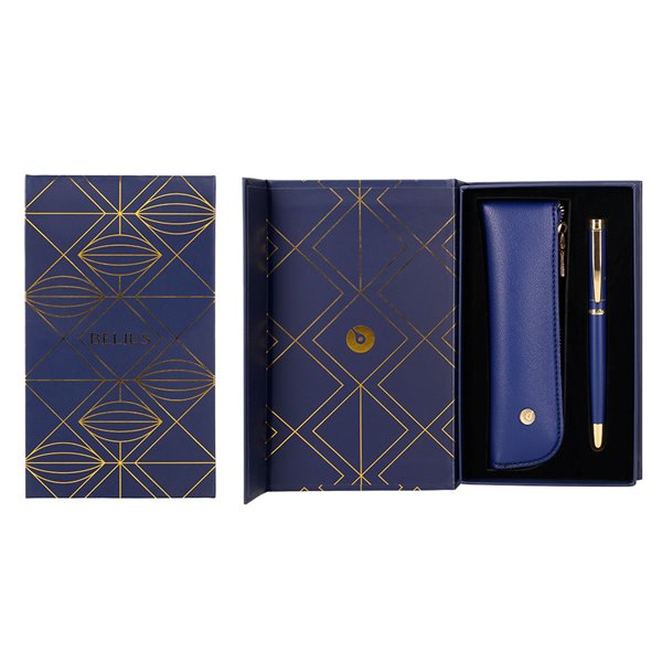 Boligrafo Y Estuche Belius Soiree Color Azul Marino Y Dorado Tinta Azul Caja De Diseño