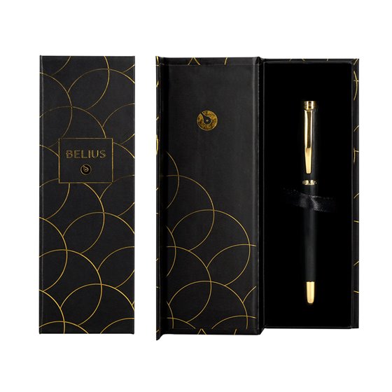 Boligrafo Belius Passion Dor Aluminio Textura Cepillada Color Negro Y Dorado Tinta Azul Caja De Diseño