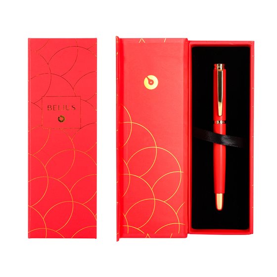 Boligrafo Belius Passion Dor Aluminio Textura Cepillada Color Rojo Y Dorado Tinta Azul Caja De Diseño