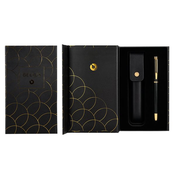 Boligrafo Y Estuche Belius Passion Dor Aluminio Textura Cepillada Color Negro Y Dorado Tinta Azul Caja Diseño
