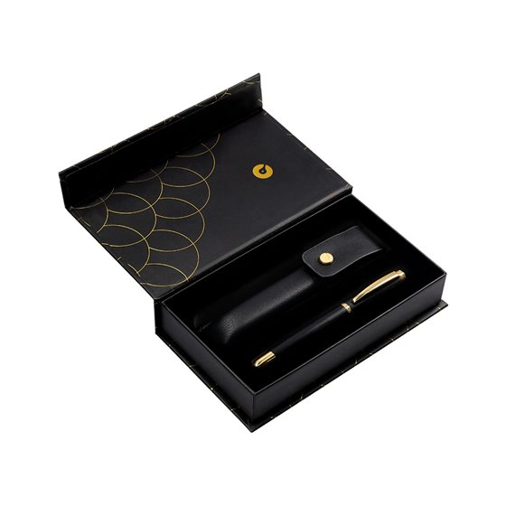 Boligrafo Y Estuche Belius Passion Dor Aluminio Textura Cepillada Color Negro Y Dorado Tinta Azul Caja Diseño