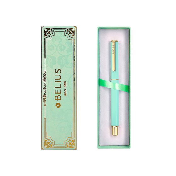 Boligrafo Belius Macaron Bliss Forma Hexagonal Color Verde Dorado Tinta Azul Caja De Diseño