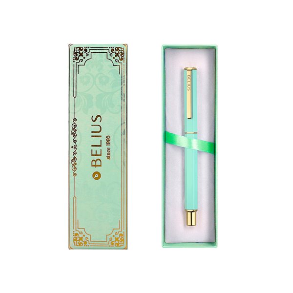 Boligrafo Belius Macaron Bliss Forma Hexagonal Color Verde Dorado Tinta Azul Caja De Diseño