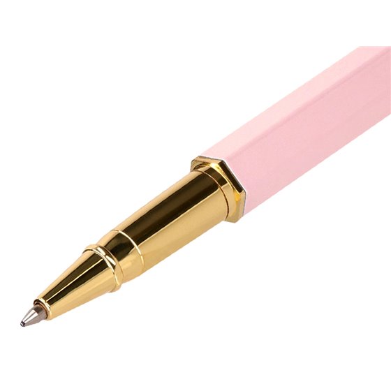 Boligrafo Belius Macaron Bliss Forma Hexagonal Color Rosa Y Dorado Tinta Azul Caja De Diseño