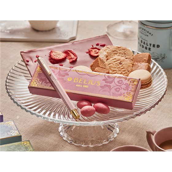 Boligrafo Belius Macaron Bliss Forma Hexagonal Color Rosa Y Dorado Tinta Azul Caja De Diseño