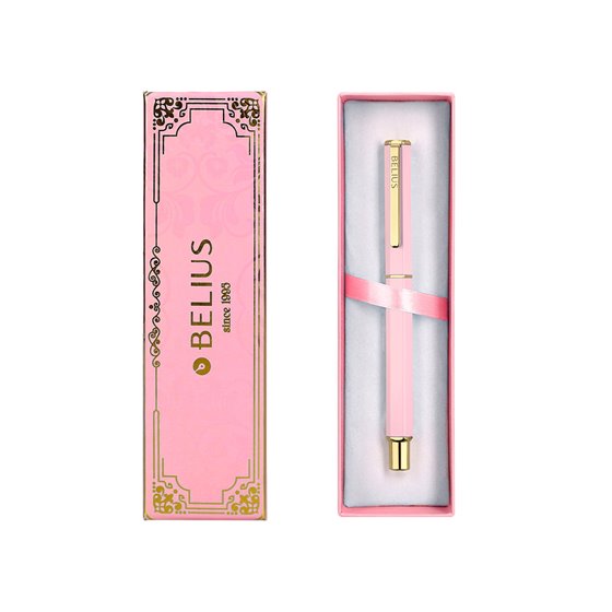 Boligrafo Belius Macaron Bliss Forma Hexagonal Color Rosa Y Dorado Tinta Azul Caja De Diseño