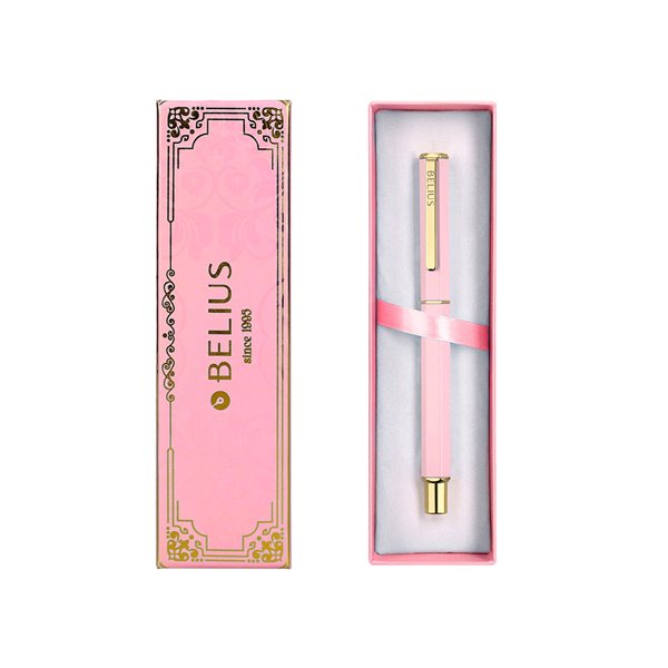Boligrafo Belius Macaron Bliss Forma Hexagonal Color Rosa Y Dorado Tinta Azul Caja De Diseño
