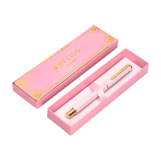 Boligrafo Belius Macaron Bliss Forma Hexagonal Color Rosa Y Dorado Tinta Azul Caja De Diseño
