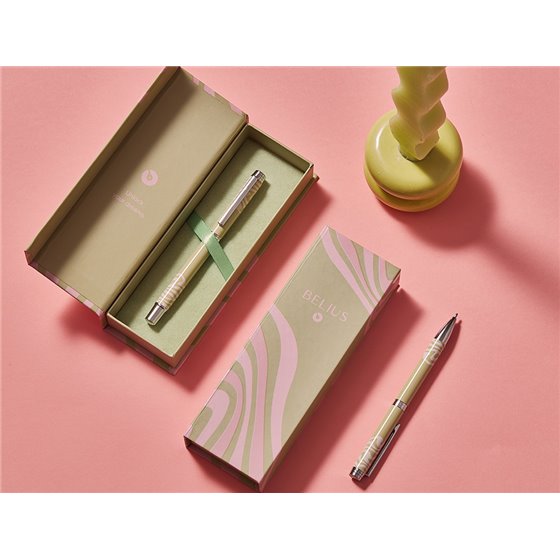 Boligrafo Belius Ink Dreams Aluminio Color Verde Matcha Y Rosa Plateado Frase Interior Tinta Azul Caja De Diseño