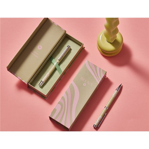 Boligrafo Belius Ink Dreams Aluminio Color Verde Matcha Y Rosa Plateado Frase Interior Tinta Azul Caja De Diseño