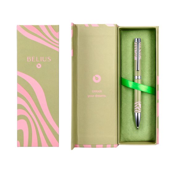 Boligrafo Belius Ink Dreams Aluminio Color Verde Matcha Y Rosa Plateado Frase Interior Tinta Azul Caja De Diseño