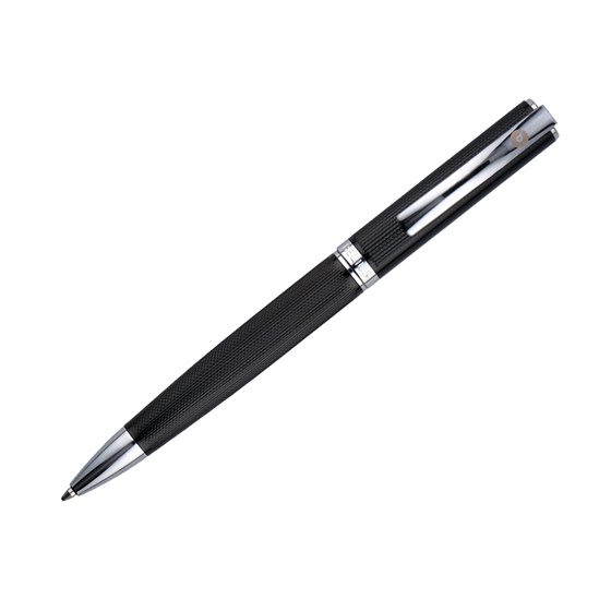 Boligrafo Y Estuche Belius Turbo Aluminio Textura Punteada Negro Y Plateado Tinta Azul Caja De Diseño