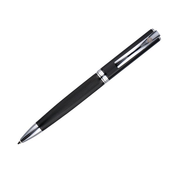 Boligrafo Y Estuche Belius Turbo Aluminio Textura Punteada Negro Y Plateado Tinta Azul Caja De Diseño