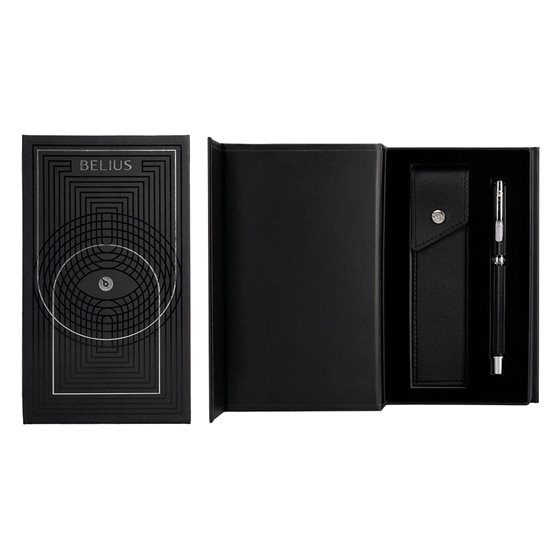 Boligrafo Y Estuche Belius Turbo Aluminio Textura Punteada Negro Y Plateado Tinta Azul Caja De Diseño