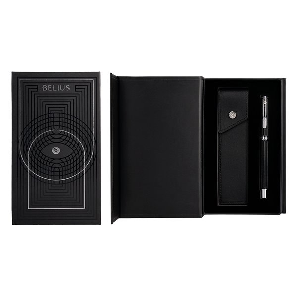 Boligrafo Y Estuche Belius Turbo Aluminio Textura Punteada Negro Y Plateado Tinta Azul Caja De Diseño