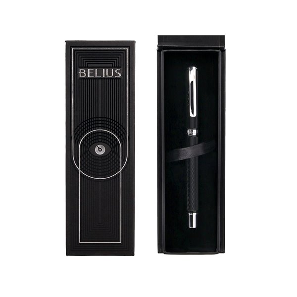 Boligrafo Belius Turbo Aluminio Textura Punteada Color Negro Y Plateado Tinta Azul Caja De Diseño
