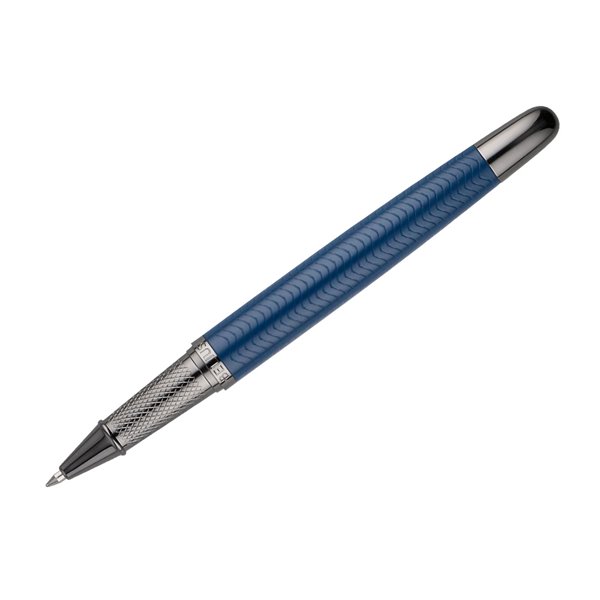 Boligrafo Belius Neptuno Aluminio Textura Wavy Color Azul Marino Tinta Azul Caja De Diseño