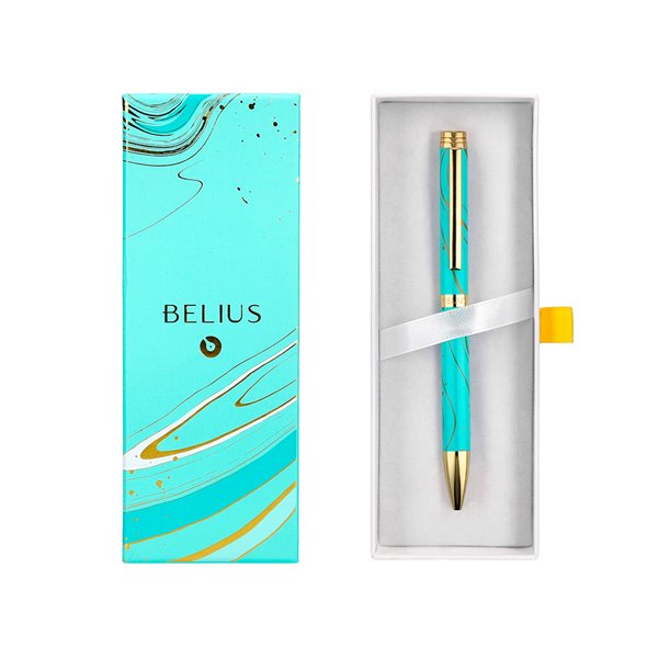 Boligrafo Belius Aqua Aluminio Color Turquesa Y Dorado Tinta Azul Caja De Diseño
