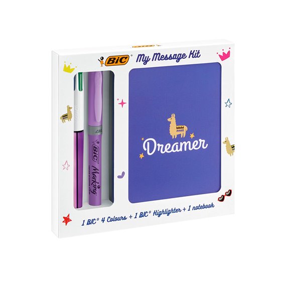 Set Escritura Bic 1 Cuatro Colores Shine + 1 Fluorescente Grip Pastel + 1 Notebook