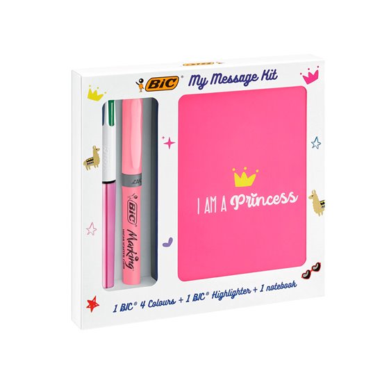 Set Escritura Bic 1 Cuatro Colores Shine + 1 Fluorescente Grip Pastel + 1 Notebook