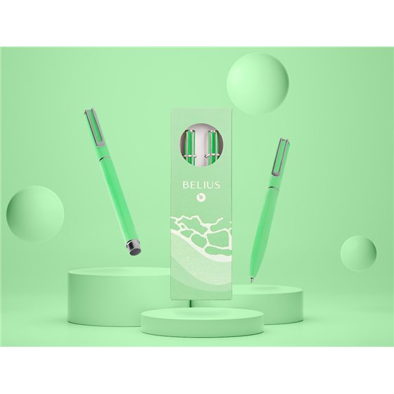 Juego Boligrafo Y Roller Belius Endless Summer Aluminio Color Verde Y Plateado Tinta Azul Caja De Diseño