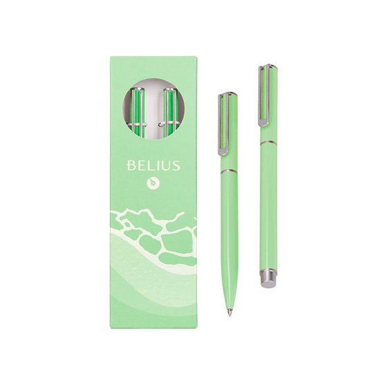 Juego Boligrafo Y Roller Belius Endless Summer Aluminio Color Verde Y Plateado Tinta Azul Caja De Diseño