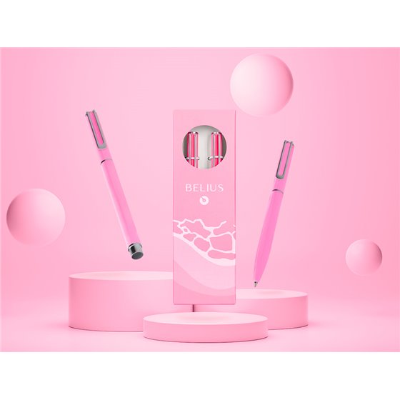 Juego Boligrafo Y Roller Belius Endless Summer Aluminio Color Rosa Y Plateado Tinta Azul Caja De Diseño