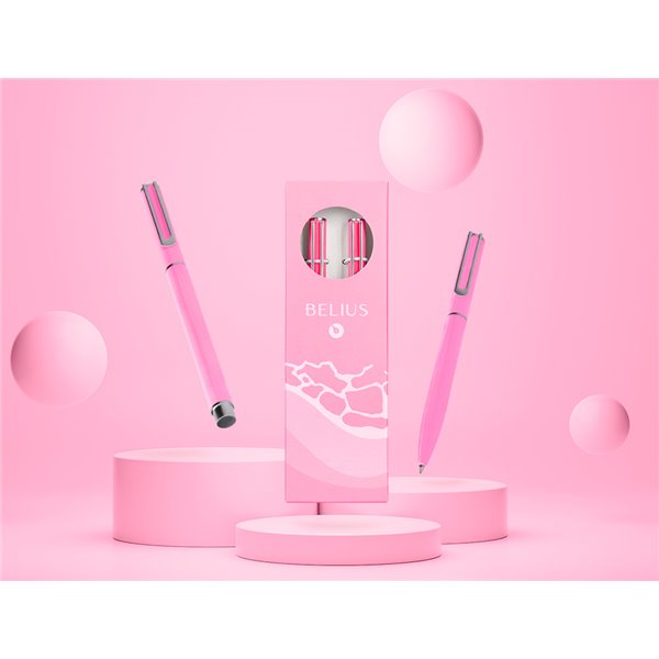 Juego Boligrafo Y Roller Belius Endless Summer Aluminio Color Rosa Y Plateado Tinta Azul Caja De Diseño