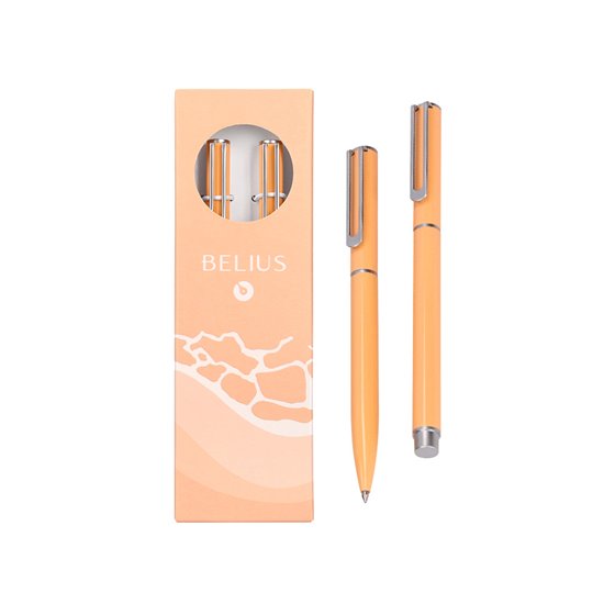 Juego Boligrafo Y Roller Belius Endless Summer Aluminio Color Naranja Y Plateado Tinta Azul Caja De Diseño