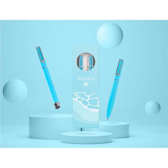 Juego Boligrafo Y Roller Belius Endless Summer Aluminio Color Celeste Y Plateado Tinta Azul Caja De Diseño