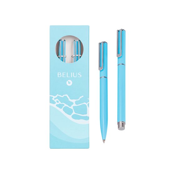 Juego Boligrafo Y Roller Belius Endless Summer Aluminio Color Celeste Y Plateado Tinta Azul Caja De Diseño