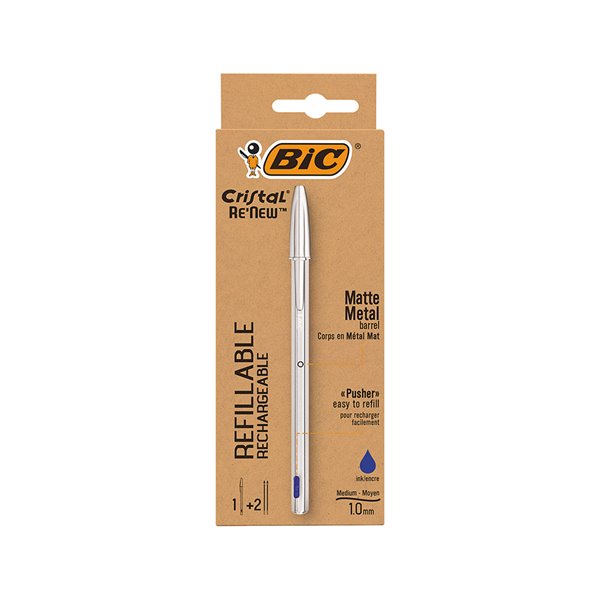 Boligrafo Bic Cristal Renew Tinta Azul Con Cuerpo En Aluminio Mate Mas 2 Recambios En Caja Carton