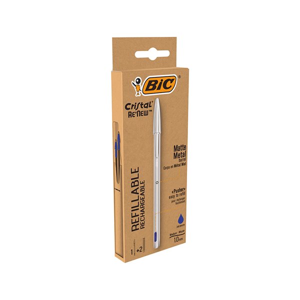 Boligrafo Bic Cristal Renew Tinta Azul Con Cuerpo En Aluminio Mate Mas 2 Recambios En Caja Carton